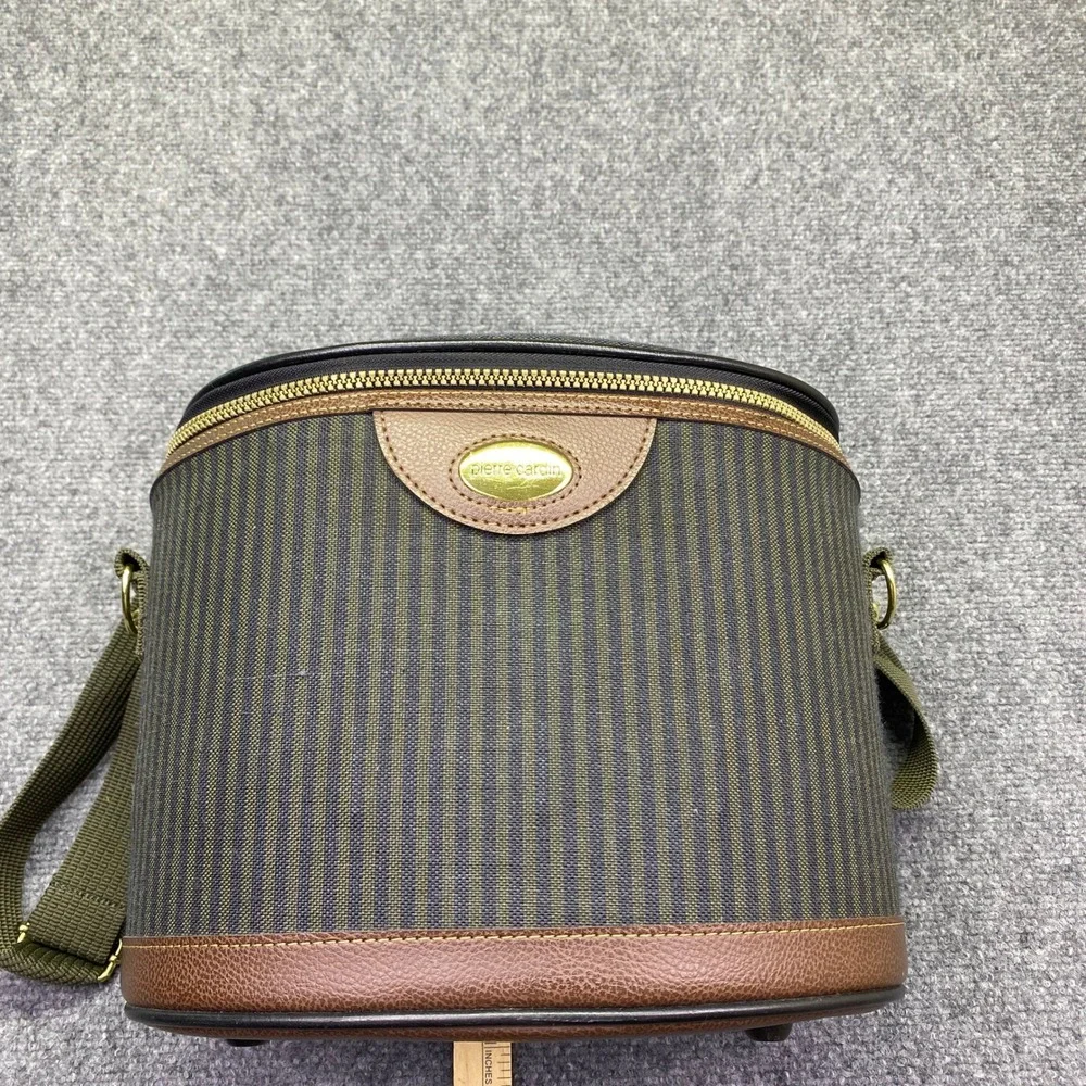 Pierre Cardin Vintage Striped Train Case Vanity Makeup Bag Brown Navy